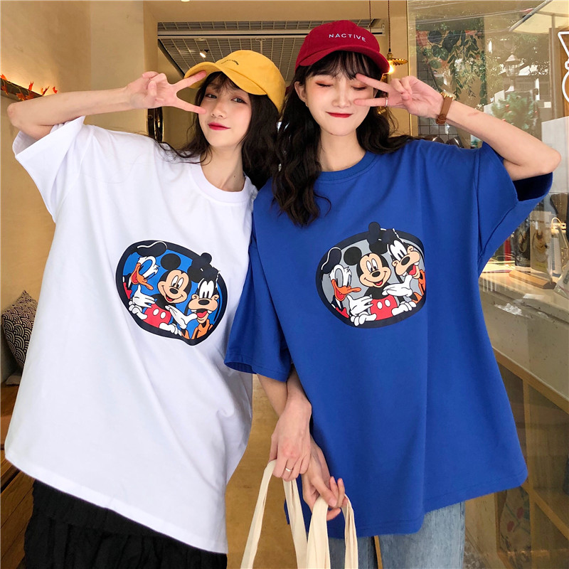 Real shot cotton summer cartoon printed Mickey Mouse Korean Short Sleeve White T-Shirt