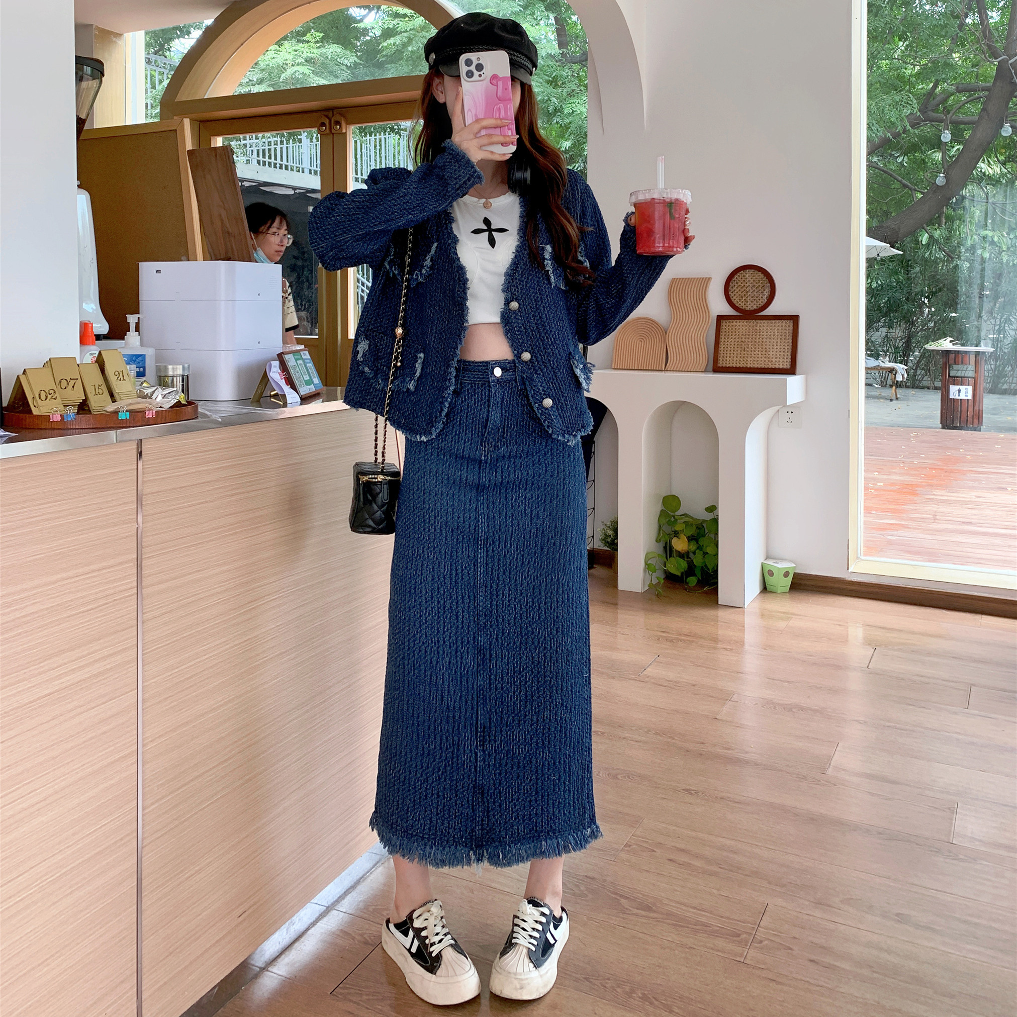 新款春秋季设计感小众高级感小香风牛仔外套毛边中长半身裙套装女