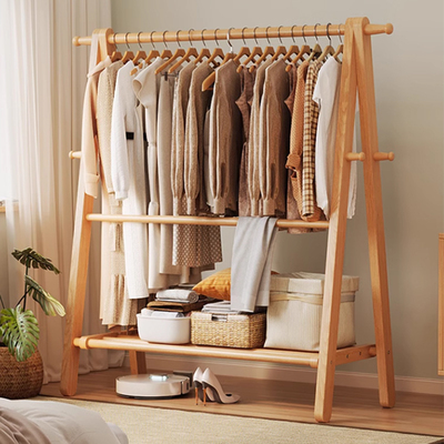榉木衣帽架落地家用衣服收纳架子