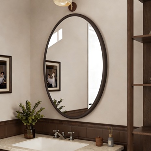 中古风椭圆镜木质梳妆镜免打孔浴室镜2026新款化妆镜高级感装饰镜