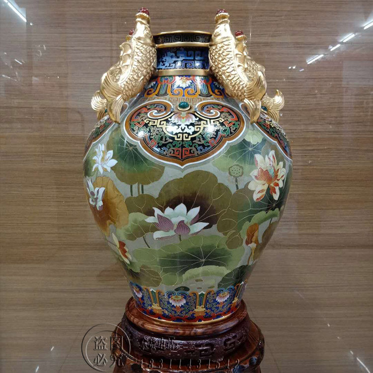 张向东20寸莲塘合盛罐带证书北京景泰蓝花瓶铜胎掐丝珐琅摆件礼品
