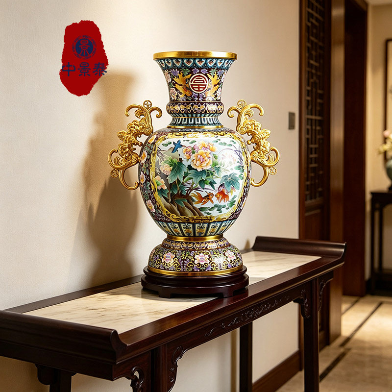 戴嘉林景泰蓝20寸花瓶《福富荣华》纯手工紫铜胎掐丝珐琅非遗摆件