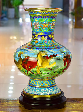 北京景泰蓝花瓶八骏图马到成功瓶