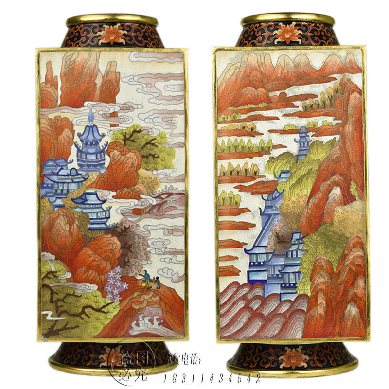 北京特色礼品景泰蓝16寸四方花瓶传统手工艺纯铜厚胎掐丝珐琅摆件