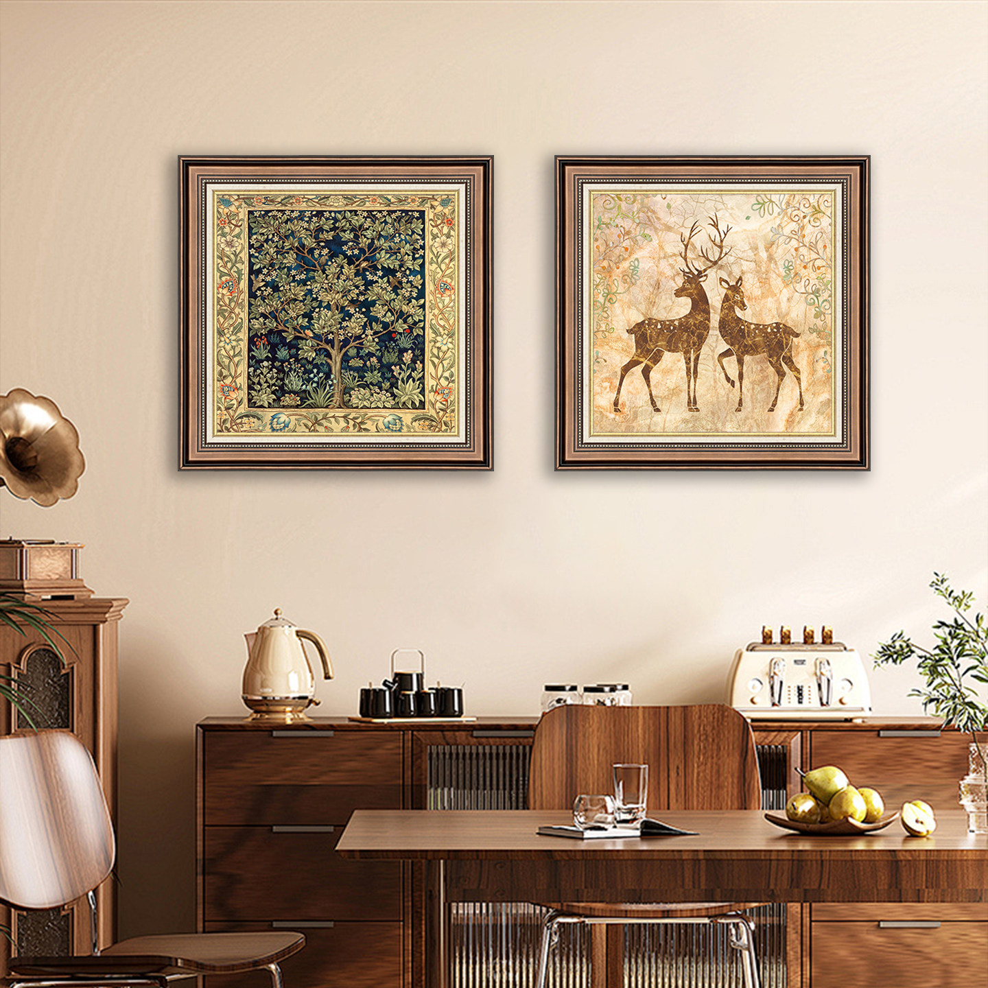 美式餐厅装饰画欧式复古仿油画幸福树饭厅背景墙挂画麋鹿客厅壁画