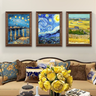 三联挂画 饰画梵高莫奈油画客厅壁画走廊过道欧式 美式 复古楼梯间装
