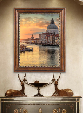 美式玄关装饰画客厅餐厅挂画竖走廊过道壁画欧式复古建筑风景油画