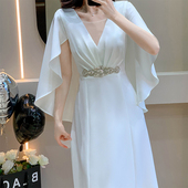 2025新款 主持人演出晚礼服裙白色艺考声乐国风古筝演奏演出服长款