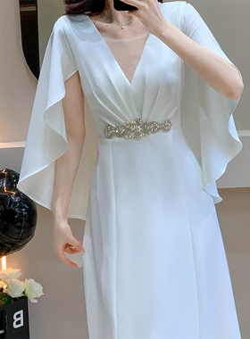 2025新款主持人演出晚礼服裙白色艺考声乐国风古筝演奏演出服长款