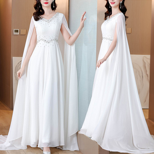 白色民乐古筝演出服女古风修身显瘦中国风独唱长款艺考主持礼服仙