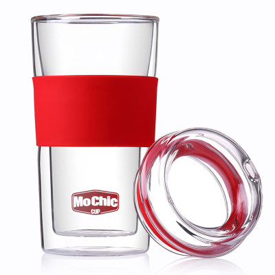 MoChic摩西双层玻璃水杯女可爱隔热透明创意水杯子带盖咖啡泡茶杯