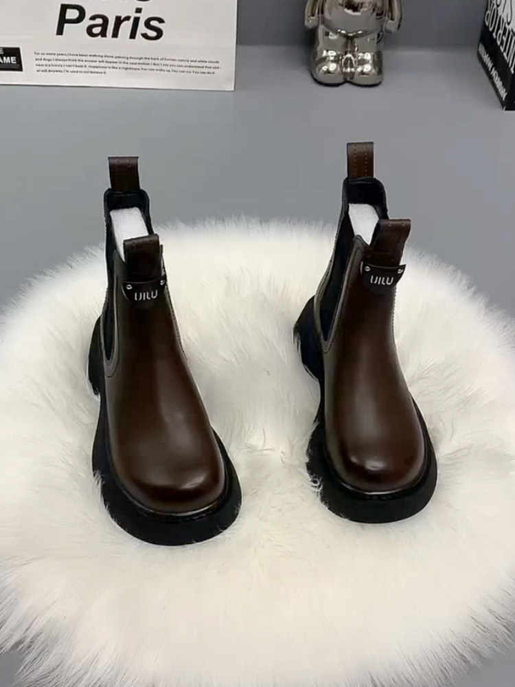 여성을위한 레트로 가죽 짧은 마틴 부츠 2023 겨울 새로운 라운드 발가락 두꺼운 뒤꿈치 플러스 벨벳 슬리브 첼시 굴뚝 부츠