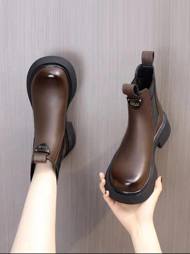 여성을위한 레트로 가죽 짧은 마틴 부츠 2023 겨울 새로운 라운드 발가락 두꺼운 뒤꿈치 플러스 벨벳 슬리브 첼시 굴뚝 부츠