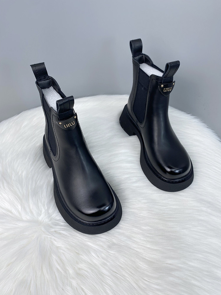 여성을위한 레트로 가죽 짧은 마틴 부츠 2023 겨울 새로운 라운드 발가락 두꺼운 뒤꿈치 플러스 벨벳 슬리브 첼시 굴뚝 부츠