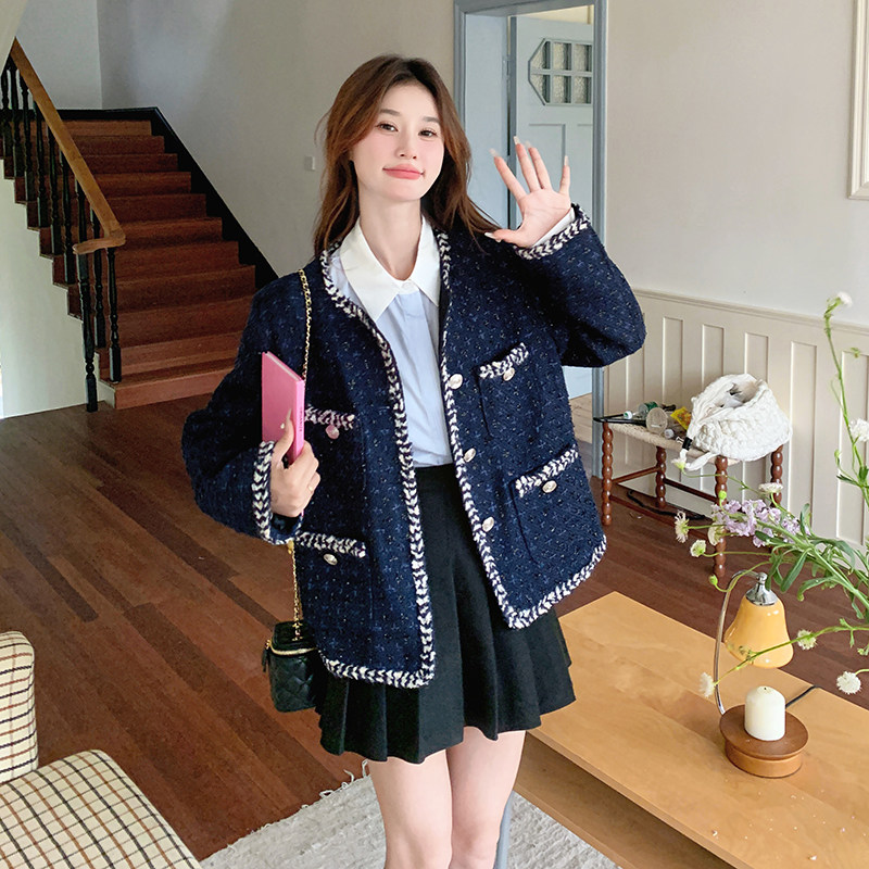 藏青色名媛小香风外套女2025秋季新款韩系复古气质显瘦粗花呢上衣,女装短外套,2C066