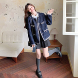 藏青色名媛小香风外套女2025秋季新款韩系复古气质显瘦粗花呢上衣，女装短外套，2C066