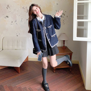 藏青色名媛小香风外套女2025秋季新款韩系复古气质显瘦粗花呢上衣图片