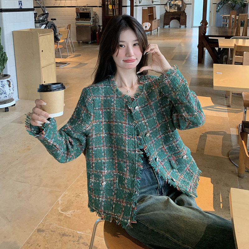 绿色格纹粗花呢小香风外套女秋季2025新款韩版气质显瘦显高短上衣,女装短外套,2C066