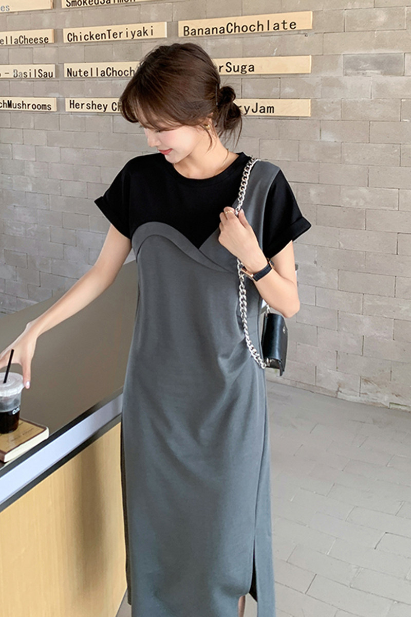 撞色拼接连衣裙假两件女夏季收腰显瘦法式茶歇时尚气质高级感裙子,女装连衣裙,2C066