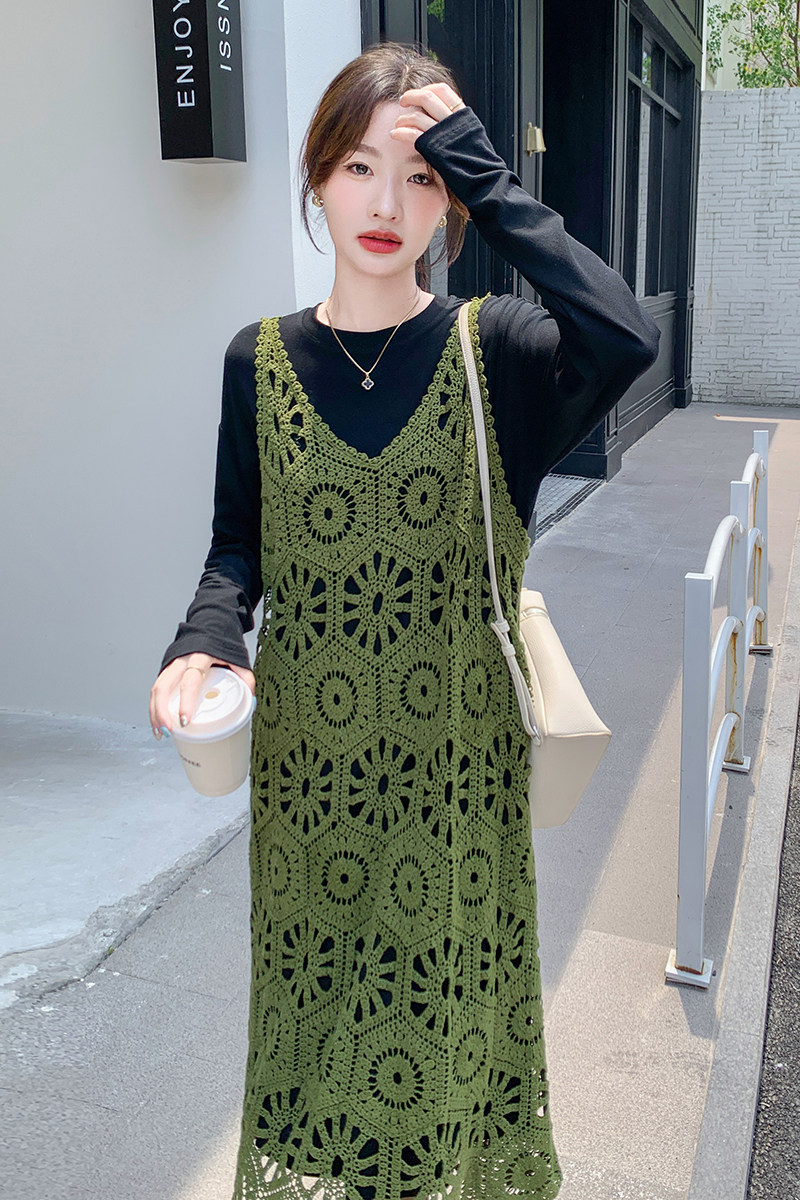 绿色镂空罩衫连衣裙两件套女春秋2025新款超火绝美巨好看韩系减龄,女装套装/套裙,2C066