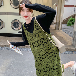 绿色镂空罩衫连衣裙两件套女春秋2025新款超火绝美巨好看韩系减龄图片
