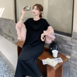 气质复古淡人时髦撞色网纱拼接连衣裙女2025夏季黑色高级感连衣裙，女装连衣裙，2C066