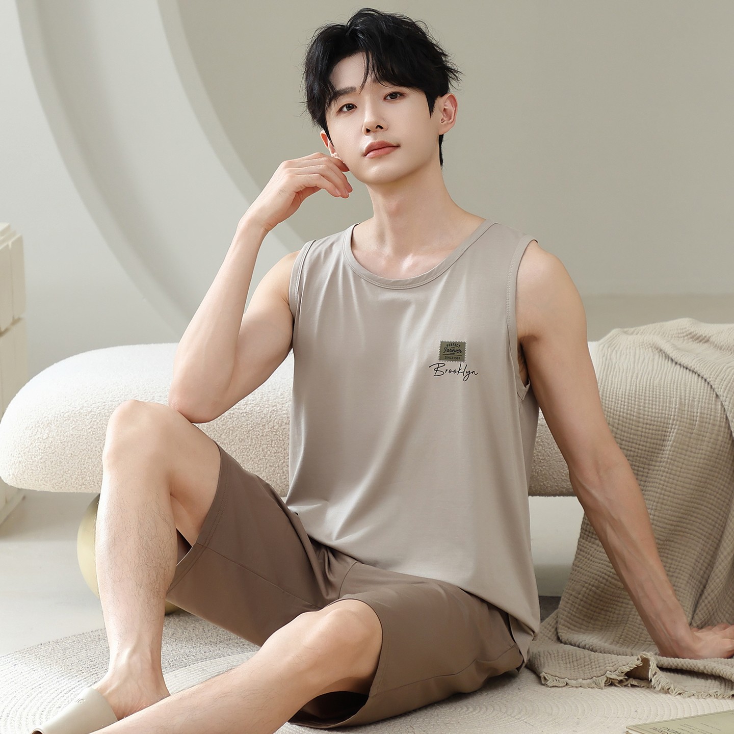 睡衣男夏季纯棉背心无袖男士短裤套装薄款外穿青中老年休闲家居服