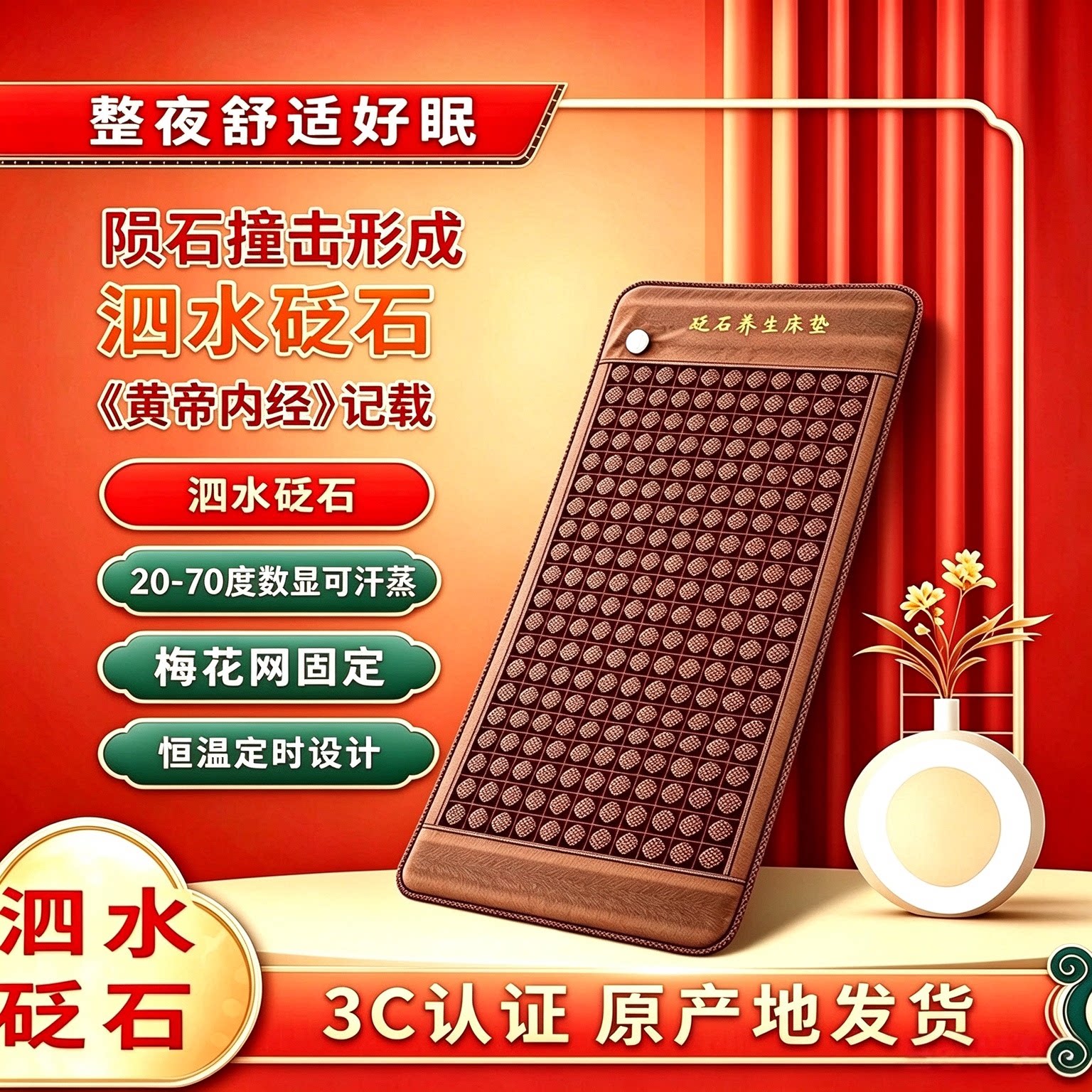泗水砭石床垫养生加热玉石理疗磁疗垫麦饭石托玛琳石电热双温双控