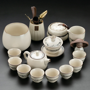 家用2025新款 米白汝窑功夫茶具套装 汝瓷寒梅井栏茶壶茶杯整套茶器