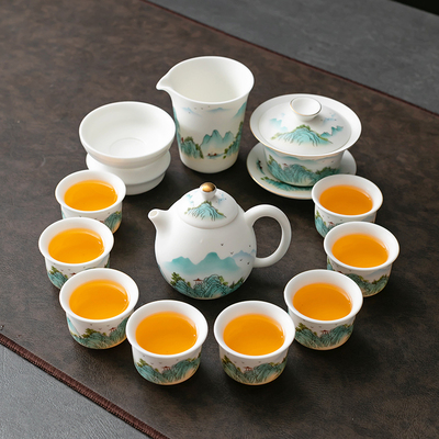 羊脂玉瓷江山如画功夫茶具套装茶壶茶杯泡茶客厅办公室整套2026新