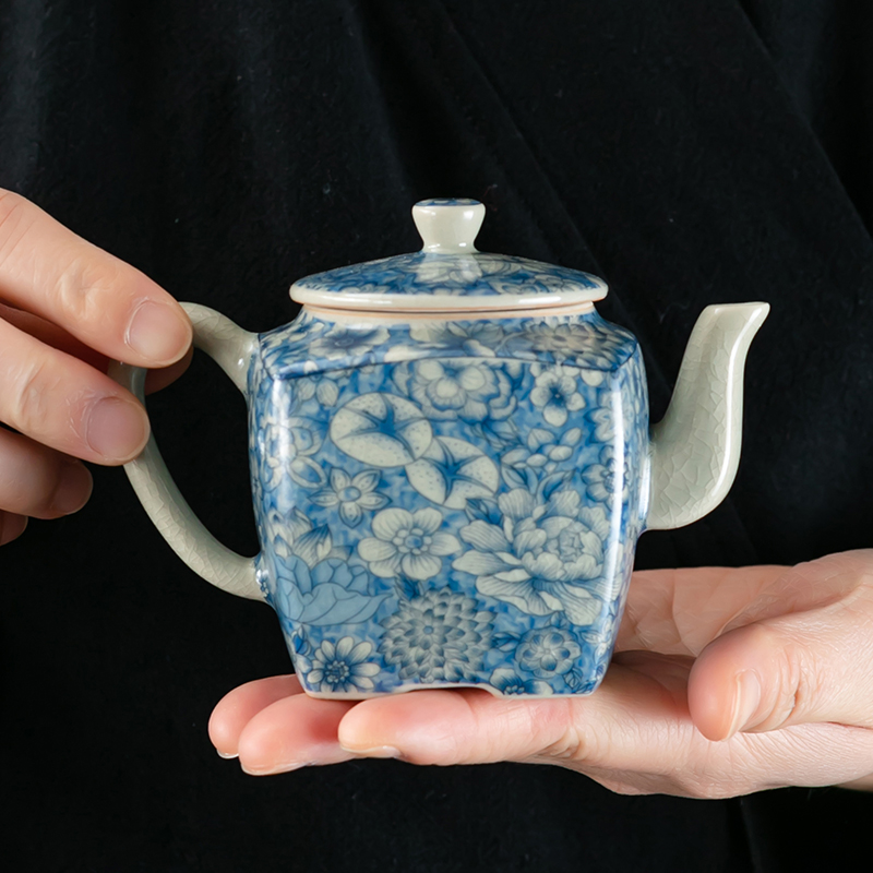 老陶泥青花茶壶手工高档家用四方壶泡茶壶复古功夫茶具可养泡茶器