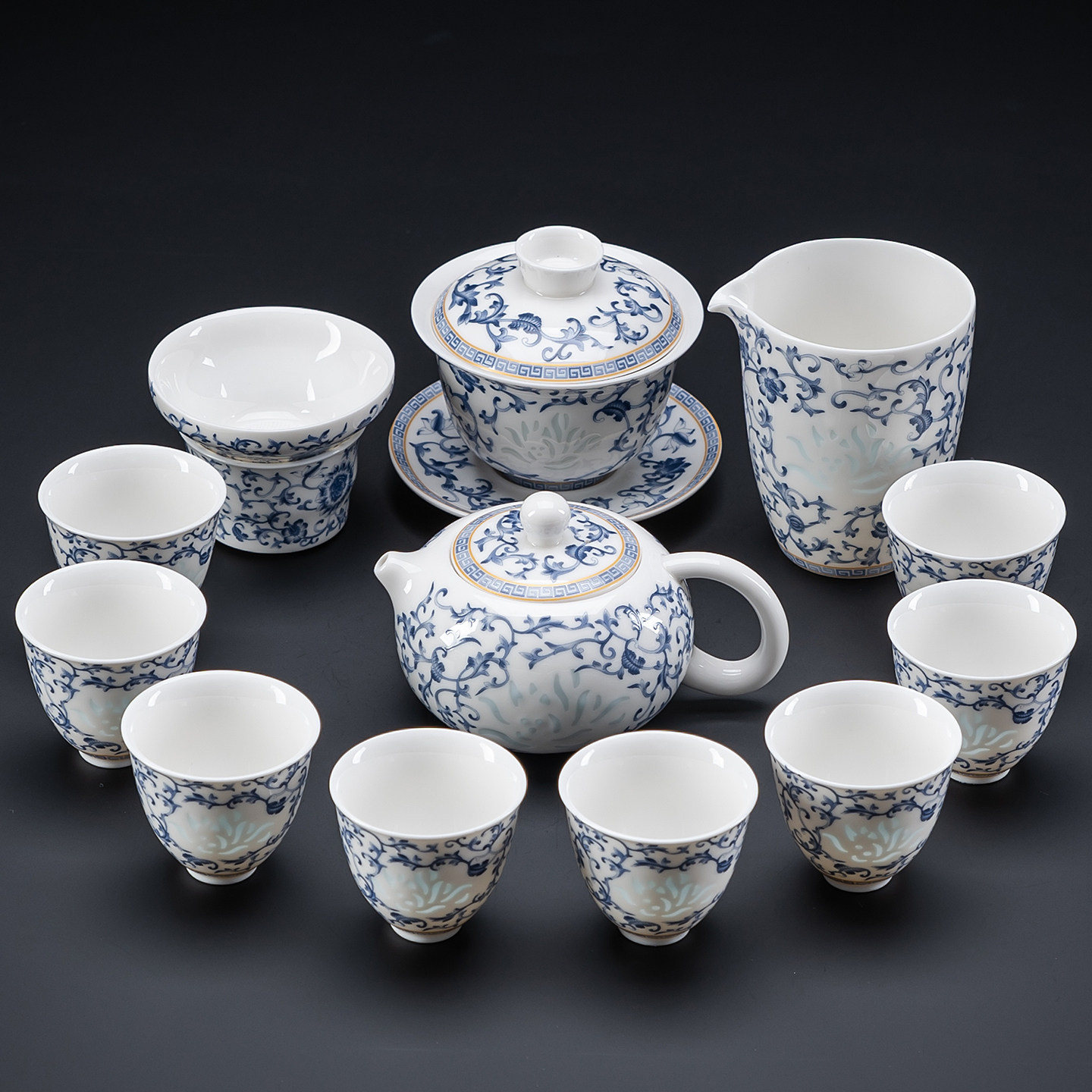 青花玲珑功夫茶具2025新款中式轻奢高端一套缠枝莲盖碗西施壶套装