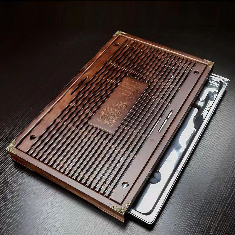 简约实木茶盘不锈钢底盘排水蓄水功夫茶具托盘家用抽屉式滤水茶台