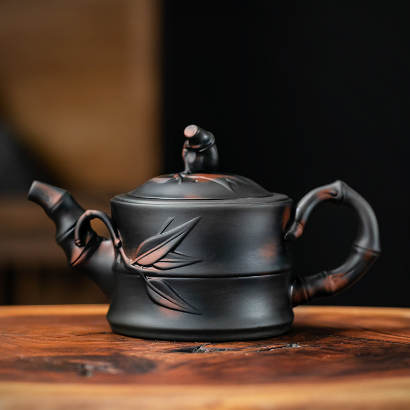 紫陶竹节壶原矿泥浮雕功夫茶壶大号紫砂泡茶壶茶道中式高档礼盒装