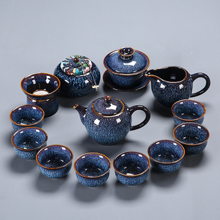 窑变功夫茶具套装 整套建盏茶杯盖碗 家用简约陶瓷泡茶壶 中式