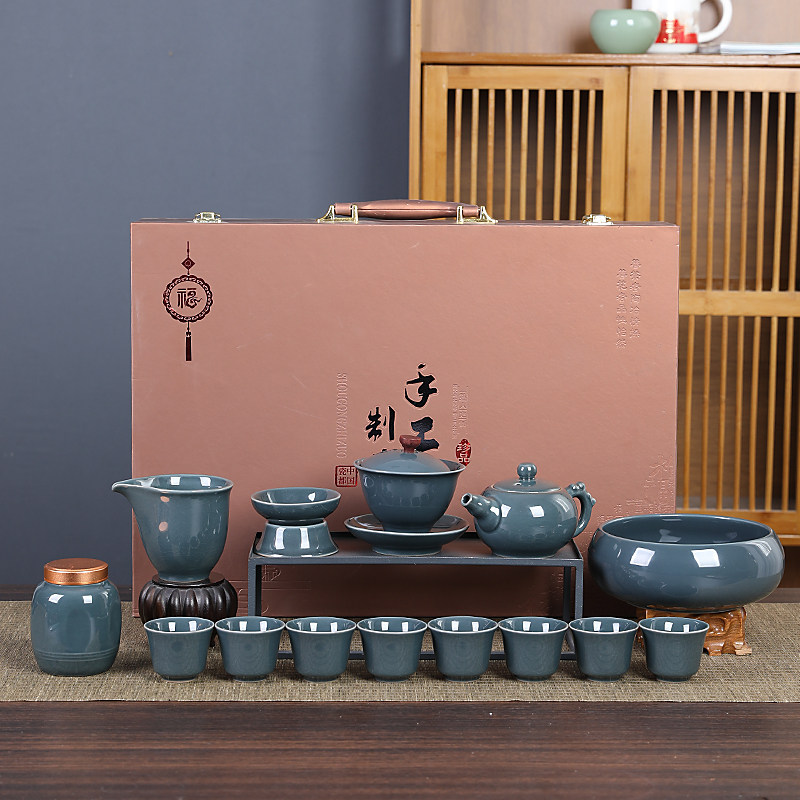 哥窑功夫茶具家用整套茶杯套装办公室会客泡茶器茶壶盖碗陶瓷茶罐