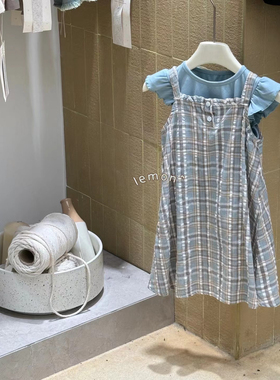 foamy童装foamy夏款儿童小飞袖纯棉短袖T恤女拼色格子吊带连衣裙