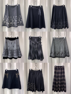 古着vintage秋冬格子针织半身裙连衣裙秋冬中长款流苏伞裙a字大摆