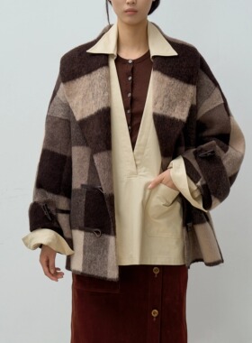 PIECE MIND秋冬羊驼毛咖格纹宽松中长款翻领呢子外套