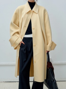 PIECE MIND【秋冬新款】奶黄色羊毛中长款小翻领宽松呢子外套