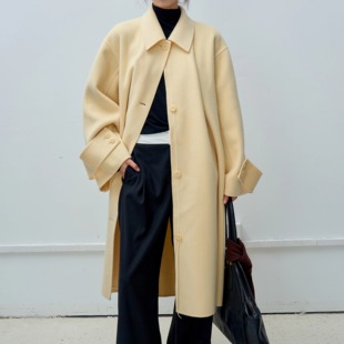 PIECE MIND【秋冬新款】奶黄色羊毛中长款小翻领宽松呢子外套