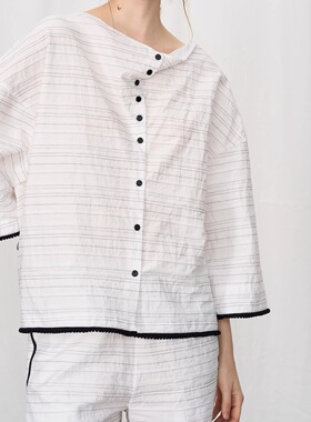 PIECE MIND白色一字肩九分袖衬衫短裤度假套装