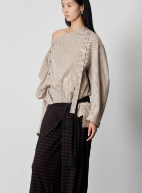 PIECE MIND日本进口立体泡泡纱格纹不规则飘带领长袖衬衫