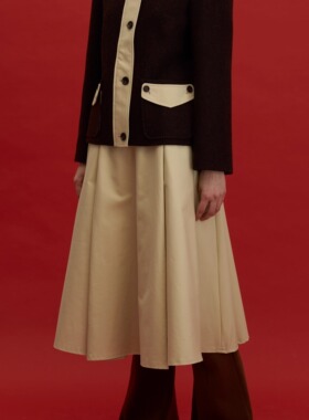 PIECE MIND米黄色复古大裙摆中长款半裙