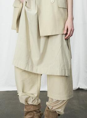 PIECE MIND新款2025春夏女士豆绿色脚口网纱拼接直筒休闲西服长裤