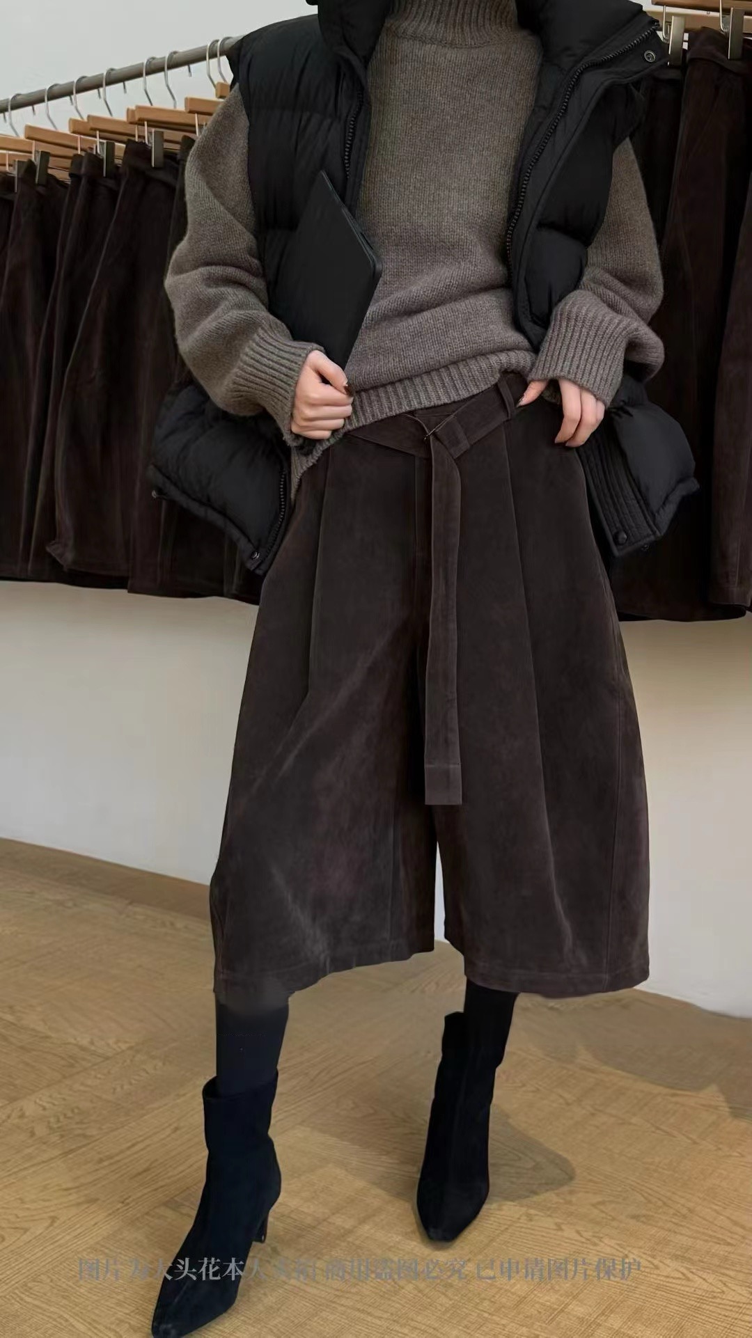 DVZ韩系简约百搭显瘦洋气时尚麂皮绒休闲七分裤（配腰带）