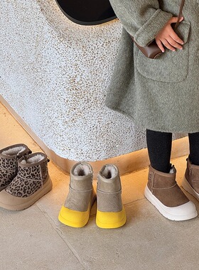 儿童雪地靴女童靴子加厚真皮雪地鞋2025新款豹纹保暖防滑男童棉鞋