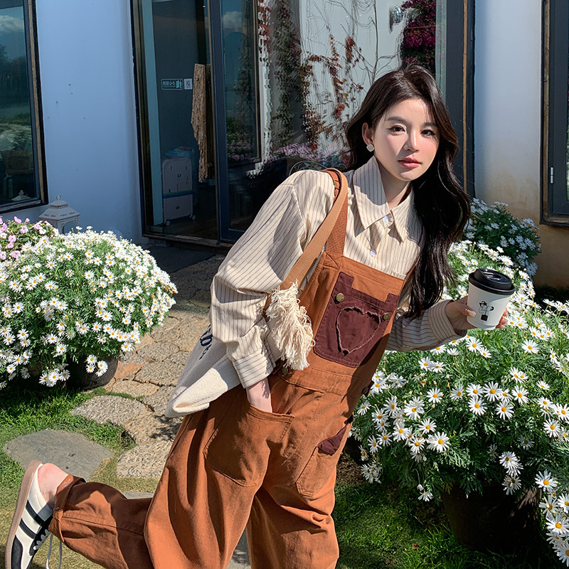 橘色工装背带裤女2025春秋新款韩版小个子复古时尚减龄阔腿连体裤,女装牛仔裤,浙宝287