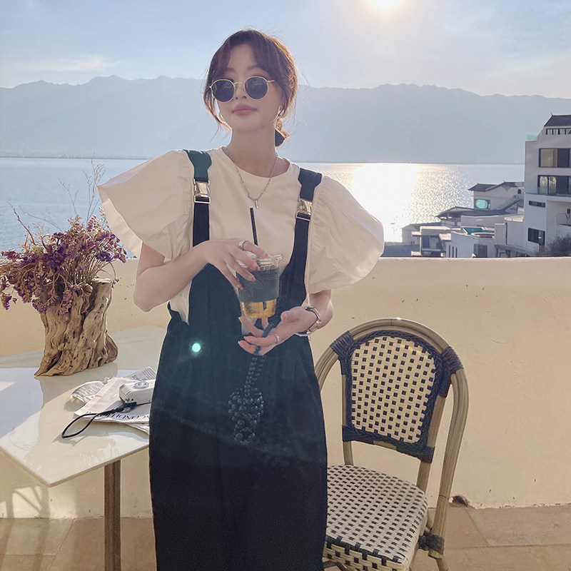 日本代购高腰韩版阔腿裤女夏季薄款小个子宽松盐系背带裤两件套装,女装套装/套裙,浙宝287