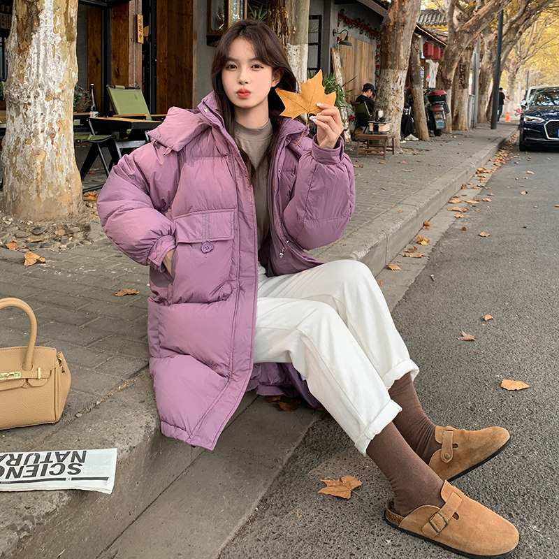 韩版中长款过膝连帽羽绒服女2025冬季新款加厚显瘦保暖白鸭绒外套,女装羽绒服,浙宝287